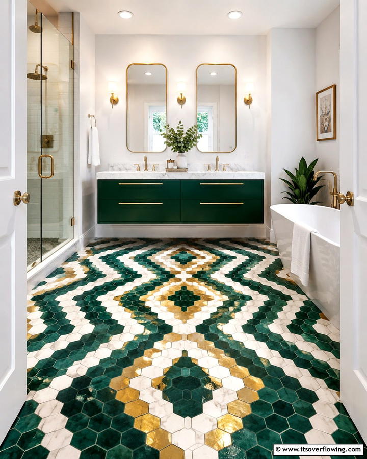 Bold Patterns with Multi Colored Hexagon Tiles - 30 Bathrooms with Hexagon Tile Floor Design Ideas