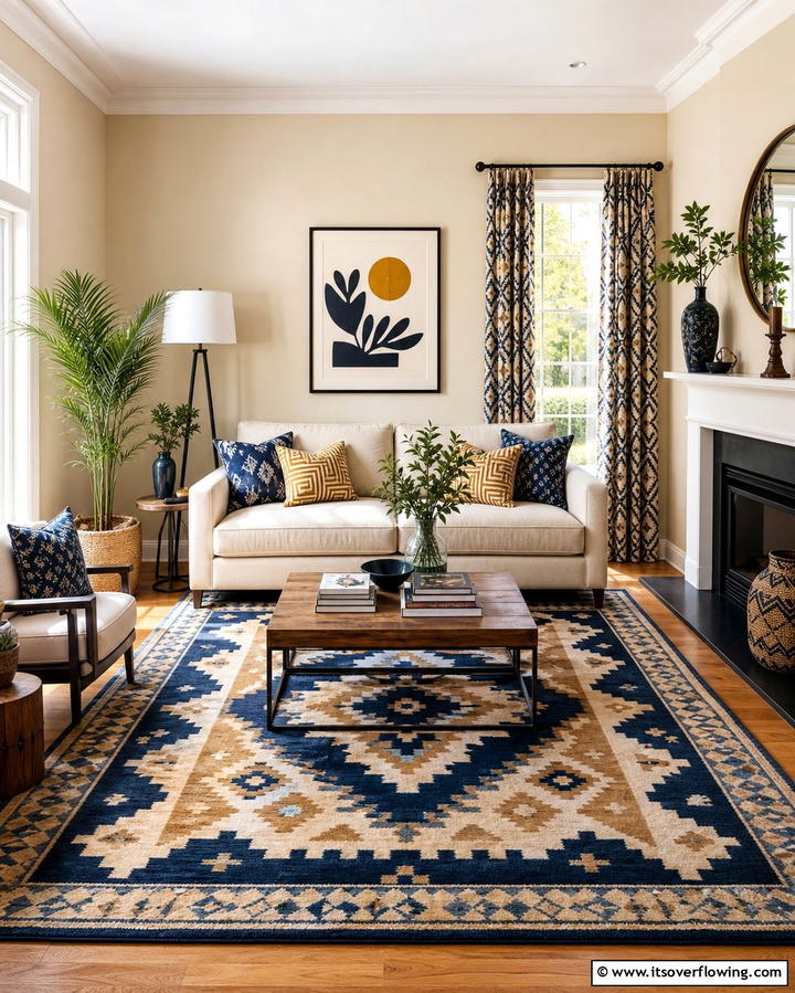 Bold Patterns with Neutral Backdrop - 25 Dulux Egyptian Cotton Living Room Ideas for Elegance