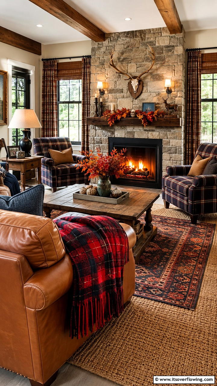 Bold Plaid Accents - 30 Cozy Fall Living Room Ideas to Embrace Autumn Vibes