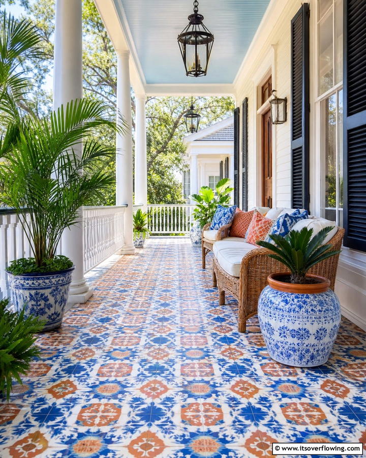 Bold Porch Tile Patterns - 30 Southern Front Porch Ideas for Welcoming Outdoor Spaces