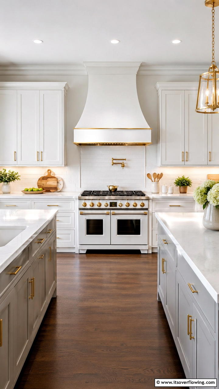 Bold Range Hood with Subtle Gold Trim - 21 White and Gold Kitchen Ideas for Timeless Elegance
