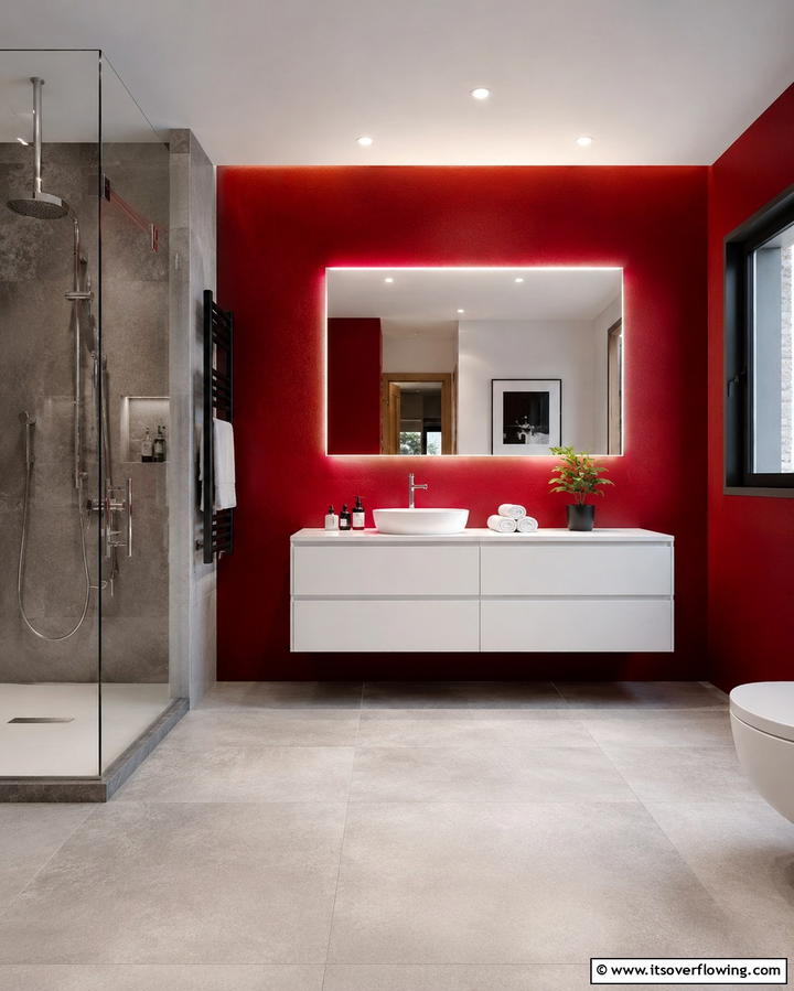 Bold Red Accent Wall - 25 Red Bathroom Ideas for a Luxurious Feel