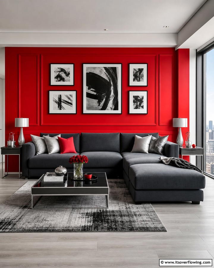 Bold Red Accent Wall - 25 Red and Grey Living Room Ideas for a Modern Touch