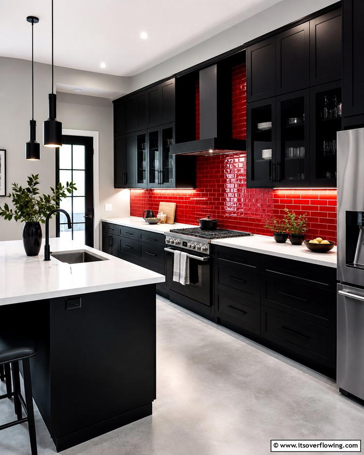Bold Red Backsplash with Black Cabinets - 25 Red and Black Kitchen Ideas for a Bold Look