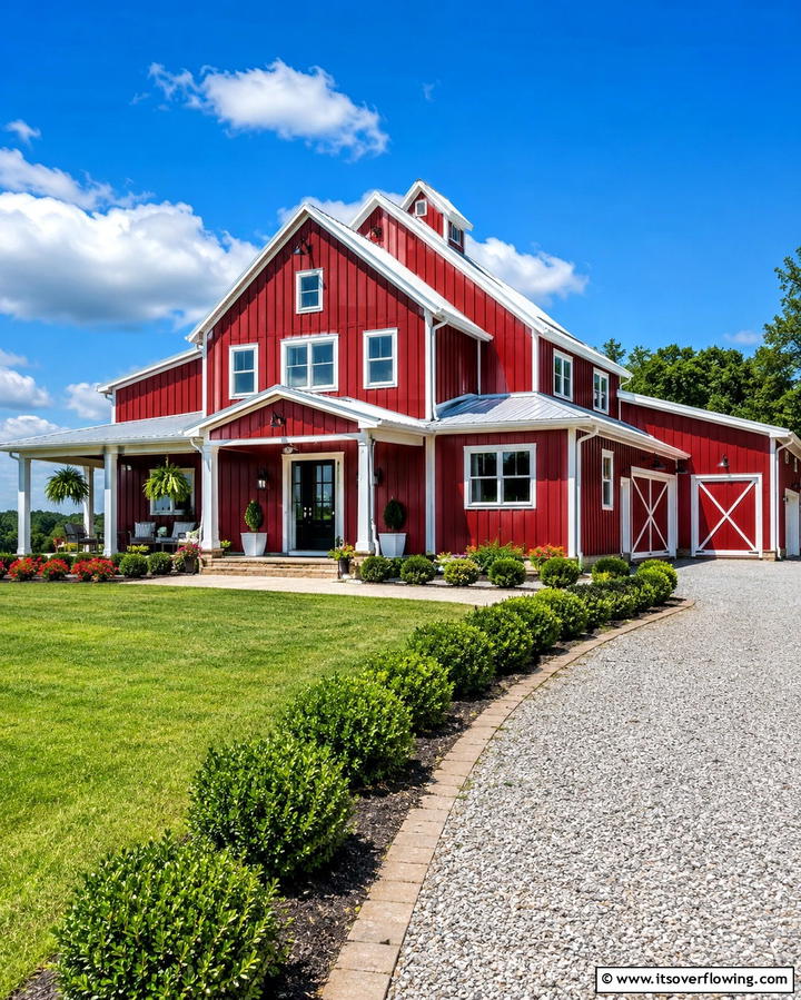 Bold Red Barn Exterior with White Trim - 30 Pole Barn & Barndominium Exterior Designs for Rustic Charm