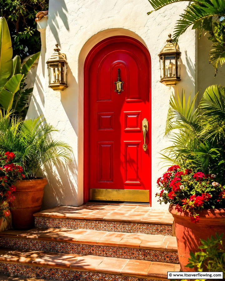 Bold Red Doors with Brass Accents - 25 Spanish Style Front Door Ideas for Curb Appeal