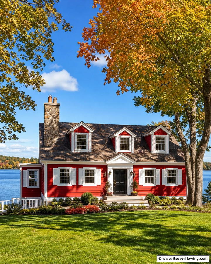 Bold Red Revival - 30 Lake House Exterior Color Ideas Inspired by Nature