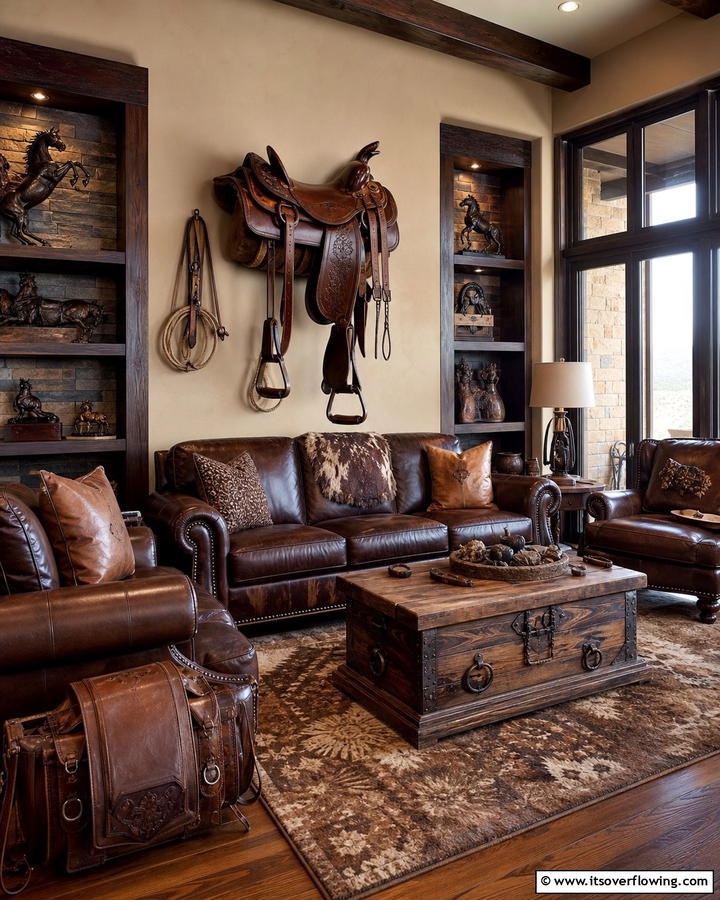 Bold Saddle Decor - 30 Western Living Room Ideas for Cozy Rustic Ambiance