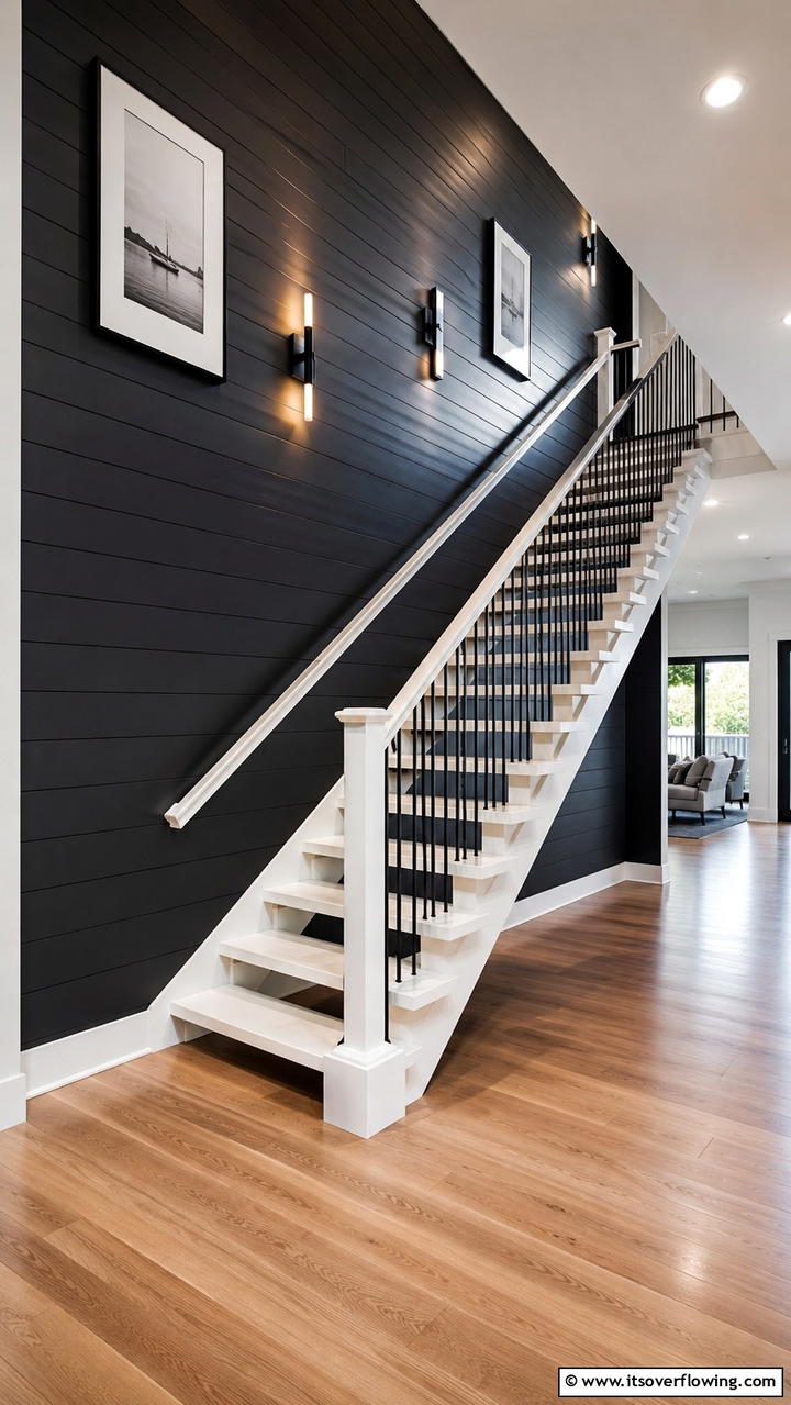 Bold Staircase Surround - 30 Black Shiplap Wall Ideas for Timeless Interior Accents