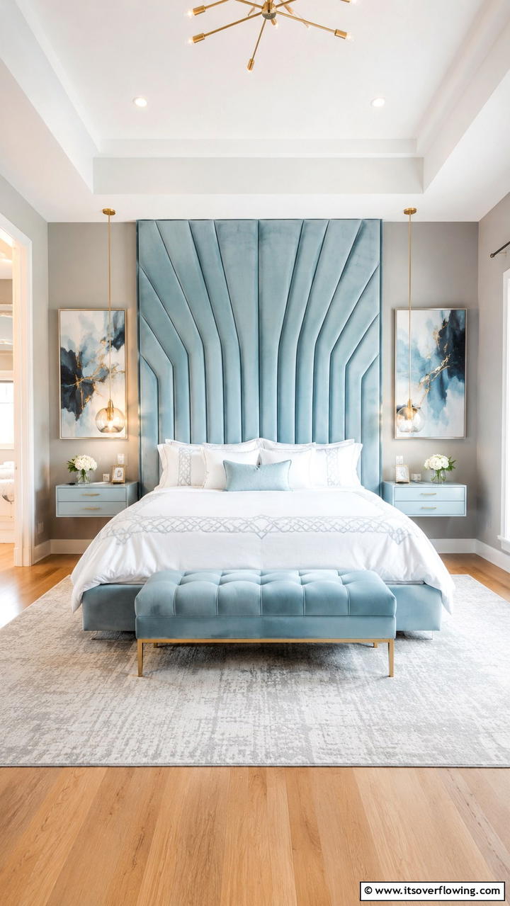 Bold Statement Headboard - 30 Duck Egg Blue Bedroom Ideas for Serene Spaces