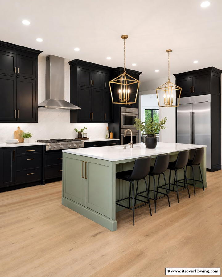 Bold Statement with Black Cabinets - 20 Sage Green Kitchen Island Ideas for a Fresh Look