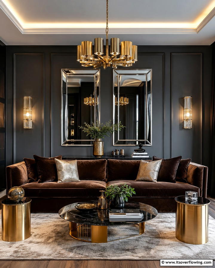 Bold Statement with Metallic Decor - 30 Warm Dark Brown Couch Styling Ideas for Cozy Living Rooms