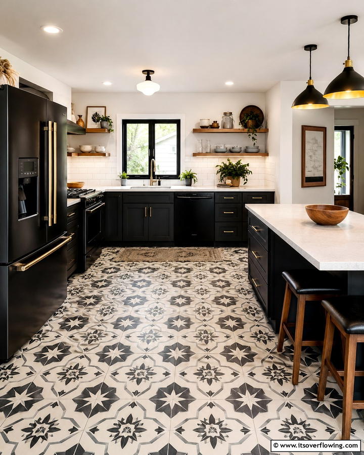 Bold Statement with Patterned Tiles - 25 Kitchen With Black Appliances for a Sleek and Modern Look
