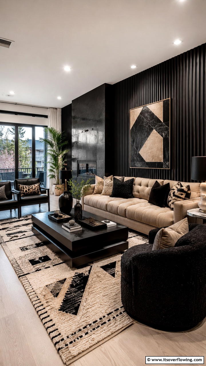 Bold Texture Play - 30 Black & Beige Living Room Ideas for Modern Contrast