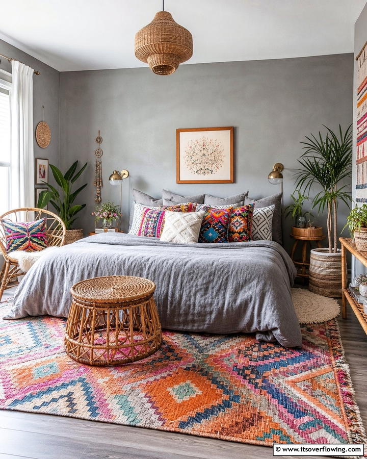 Bold Throw Pillows for Pops of Color - 20 Grey Boho Bedroom Ideas for a Cozy Vibe