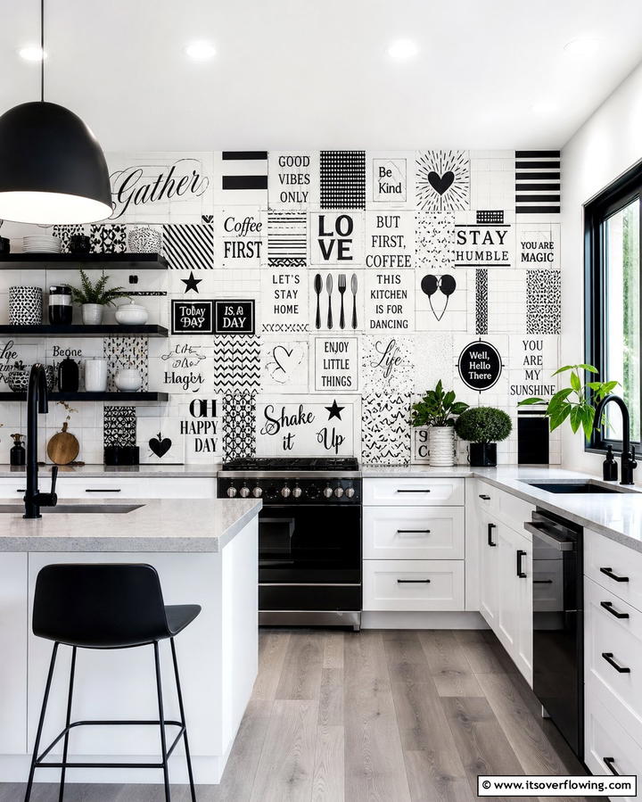 Bold Typography Backsplash - 25 Black and White Kitchen Backsplash Ideas