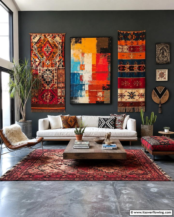 Bold Wall Art with Global Patterns - 25 Moody Boho Living Room Ideas for a Cozy Vibe
