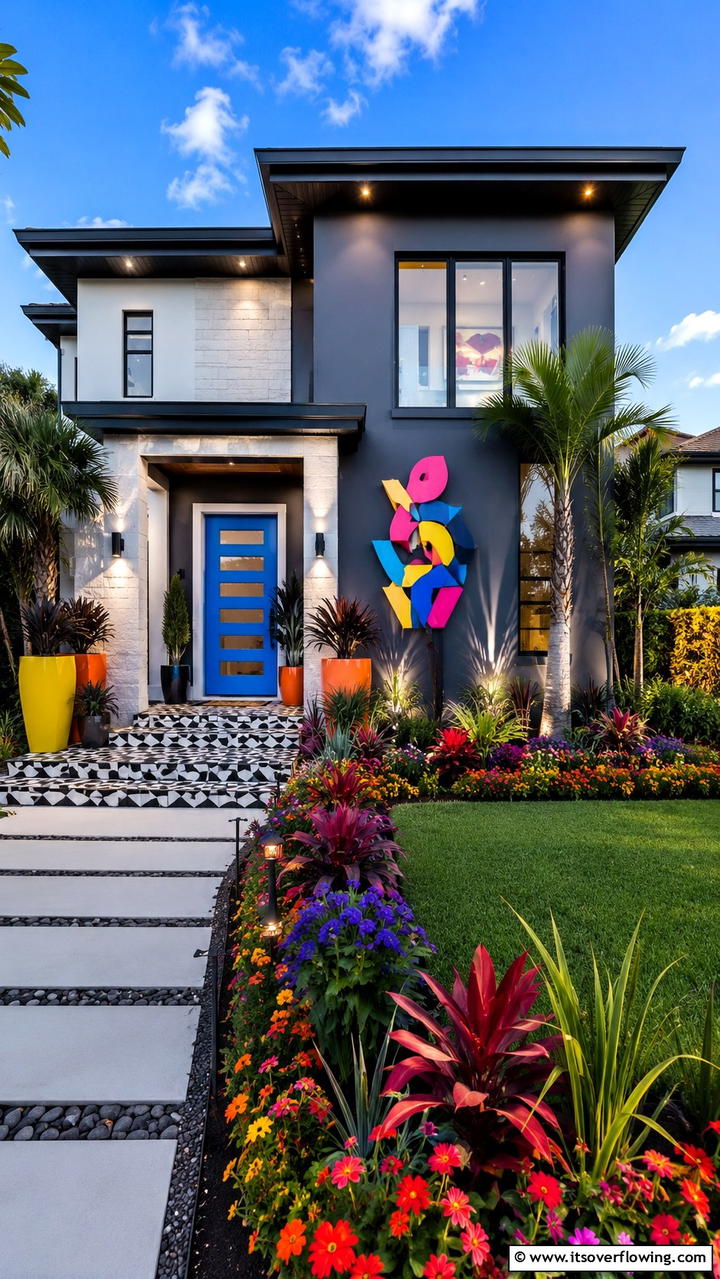 Bold and Bright Contrast - 30 Grey House With Blue Door Ideas- Charming Curb Appeal