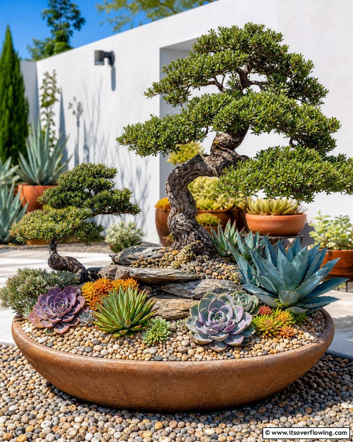 Bonsai and Succulent Combo - 20 Bonsai Garden Ideas- Miniature Landscapes