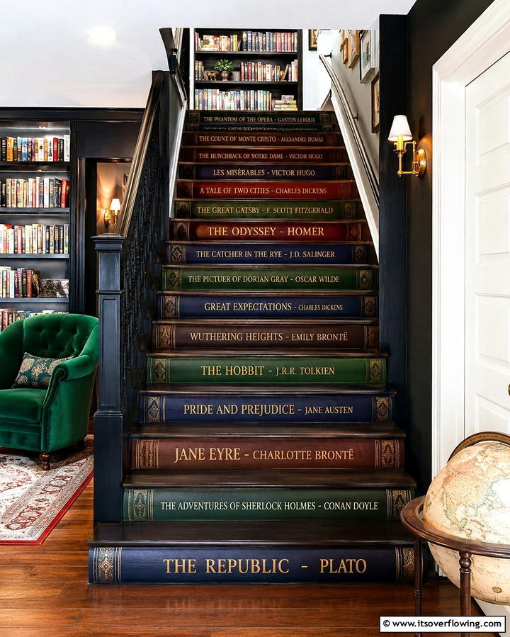 Book Spine Stairs - 25 Painted Stair Ideas to Transform Your Home