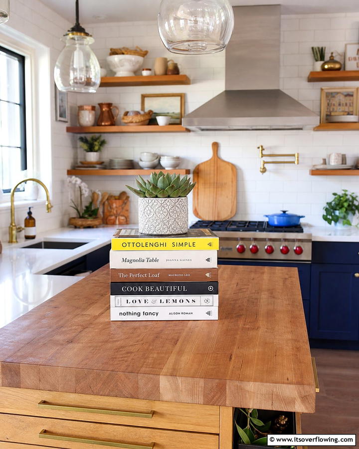 Books and Cookbooks Stack - 20 Kitchen Island Centerpiece Ideas for a Stunning Look