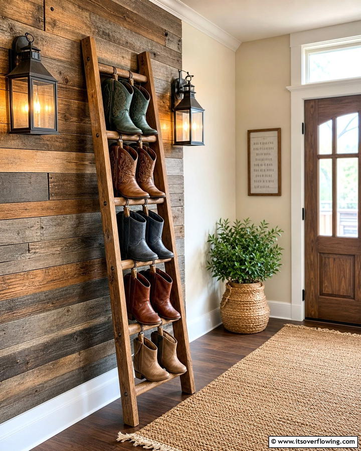 Boot Storage Ladder for Rustic Charm - 25 Creative Boot Storage Ideas for Organized Homes