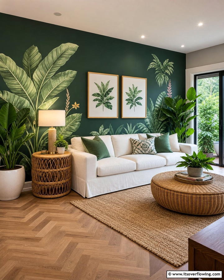 Botanical Bliss Accent Wall - 21 Dark Green Accent Wall Ideas for Dramatic Interiors