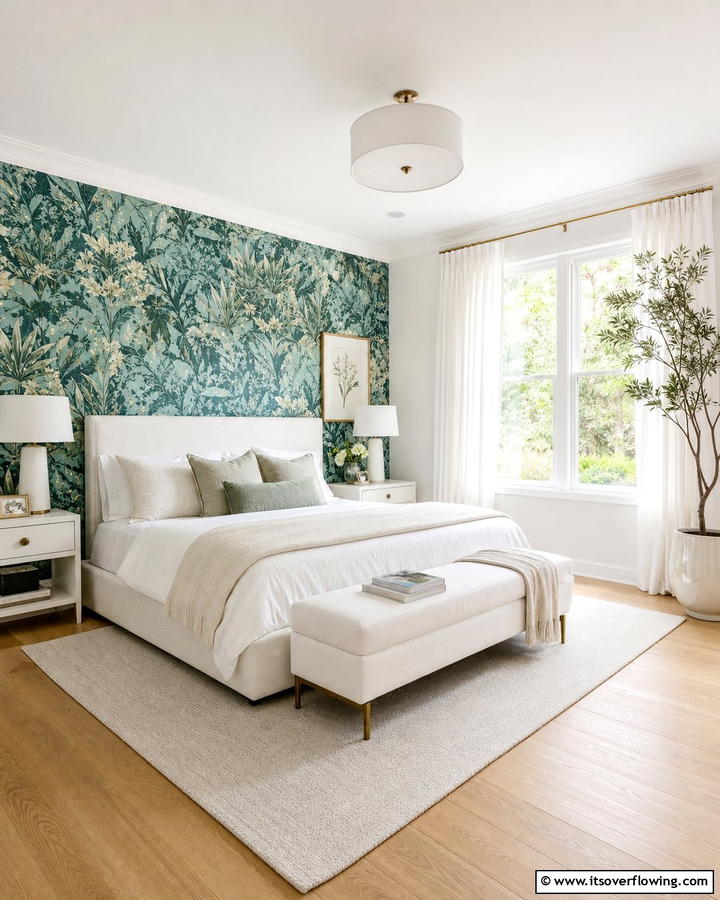 Botanical Blue and Green Wallpaper - 20 Blue and Green Bedroom Ideas- Calming Color Schemes
