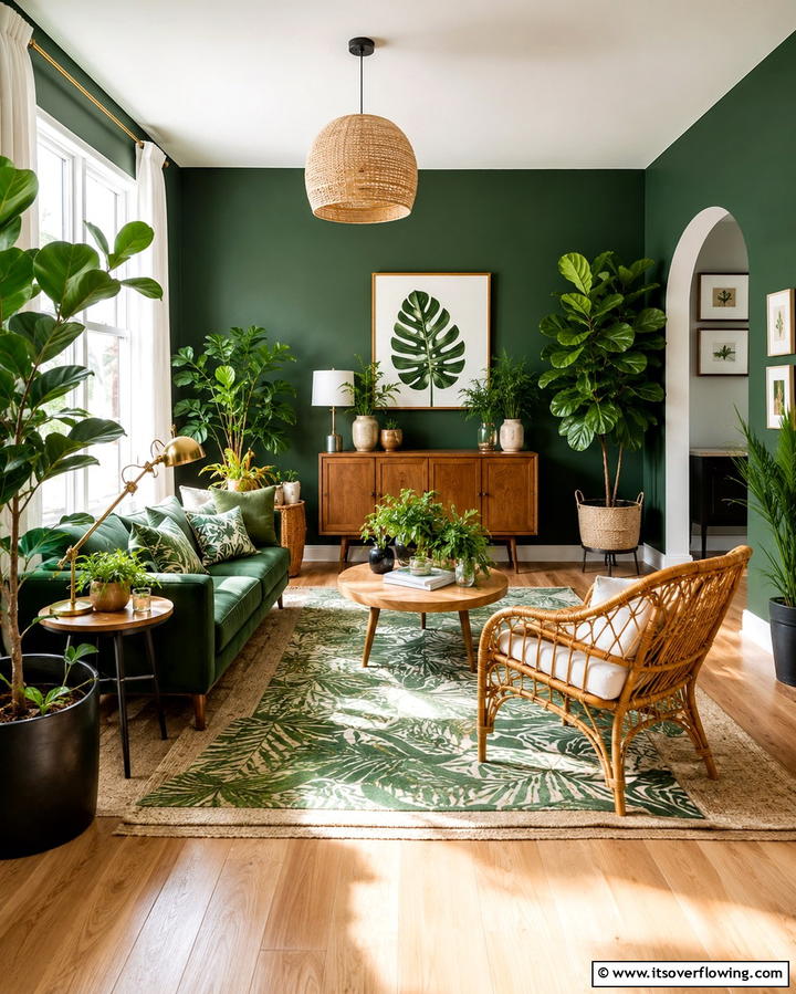 Botanical Inspired Dark Green Living Room - 30 Rich Dark Green Living Room Designs for Cozy Elegance