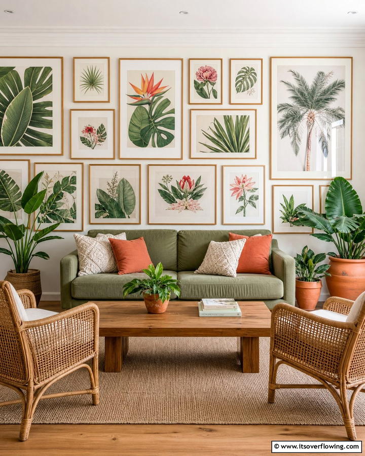 Botanical Print Accent - 30 Striking Living Room Accent Wall Ideas for Bold Style