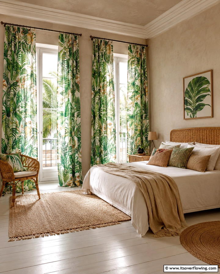Botanical Print Curtains - 30 Green Bedroom Decor Ideas for Calming Retreats