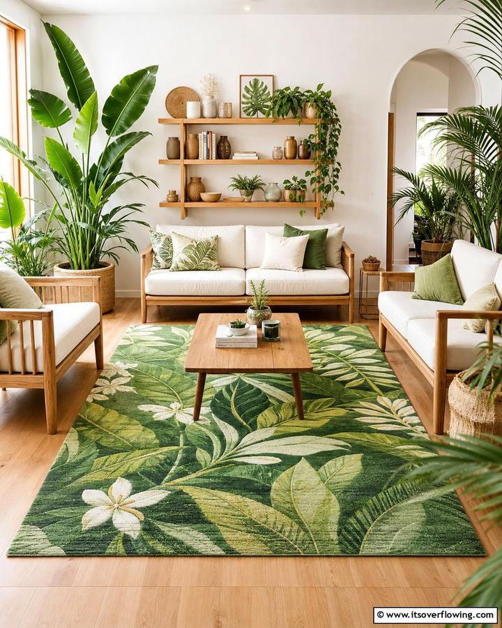 Botanical Print Green Rugs - 20 Green Carpet Living Room Ideas for a Bold Statement