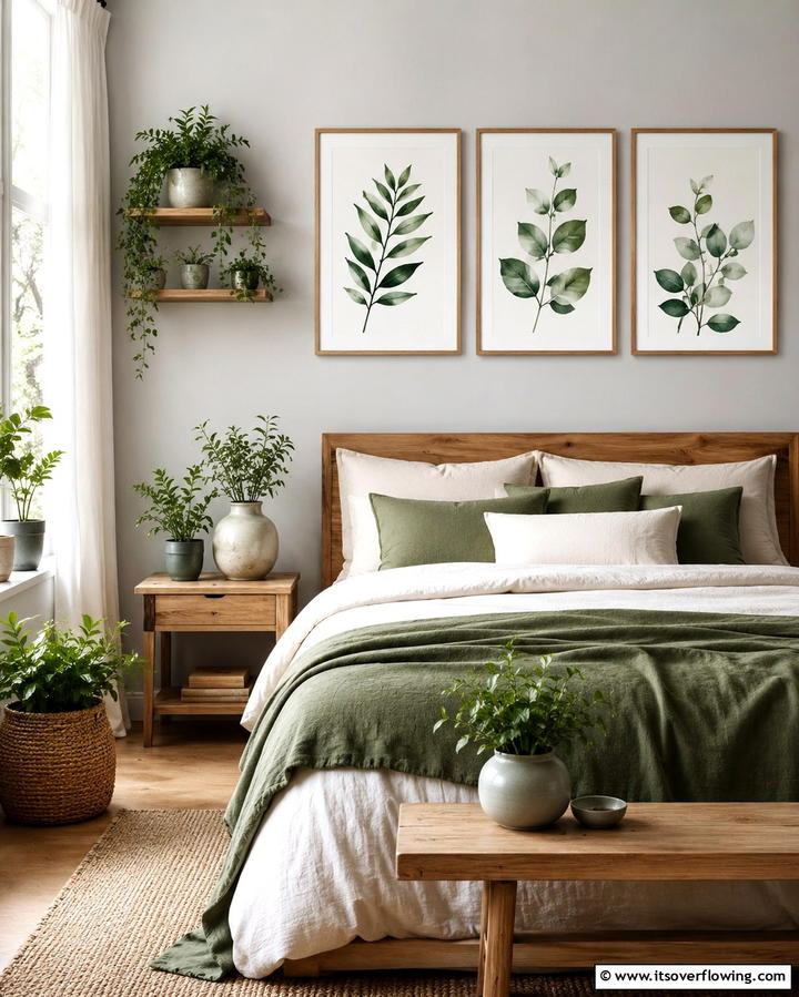 Botanical Prints and Natural Green Accents - 25 Sage Green and Grey Bedroom Ideas for a Serene Retreat