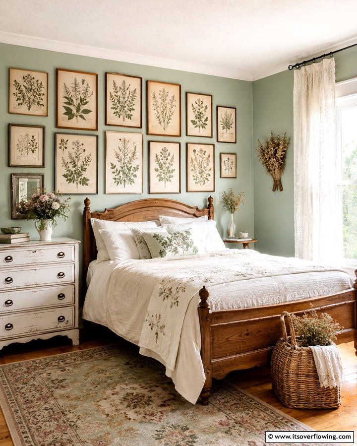 Botanical Prints or Artwork - 25 Cottagecore Bedroom Ideas- Cozy & Rustic Designs