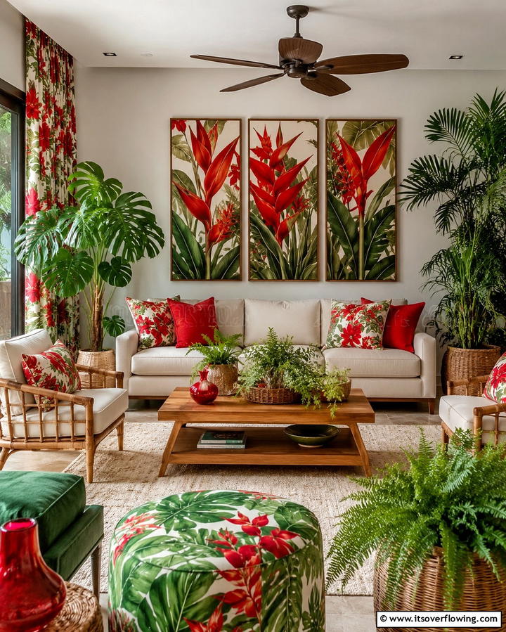 Botanical Red Elements - 30 Red Living Room Ideas for Bold and Vibrant Spaces