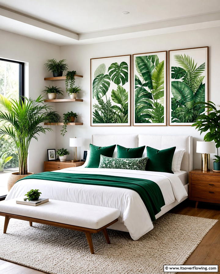 Botanical Wall Art - 25 Emerald Green Bedroom Ideas for a Luxurious Feel