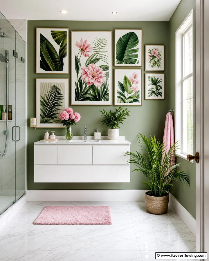 Botanical Wall Art - 20 Vibrant Pink and Green Bathroom Design Ideas