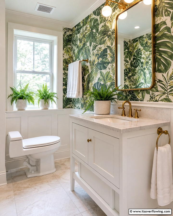 Botanical Wallpaper Charm - 20 Small Green Bathroom Ideas for a Fresh and Tranquil Space