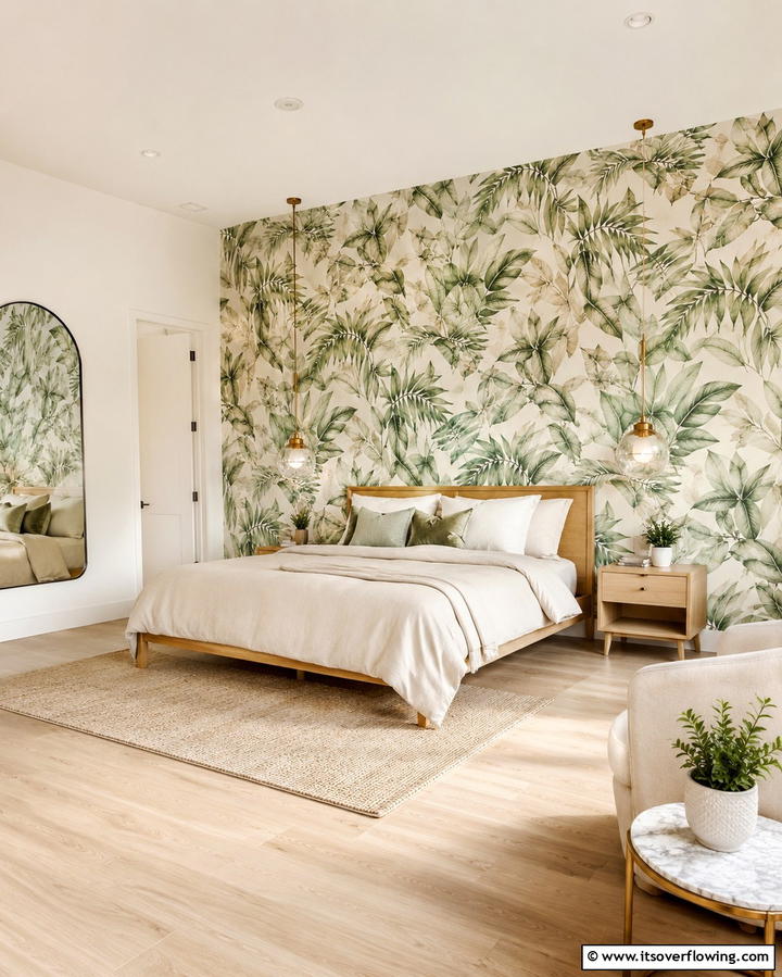 Botanical Wallpaper in Green and Beige - 25 Serene Green and Beige Bedroom Design Ideas