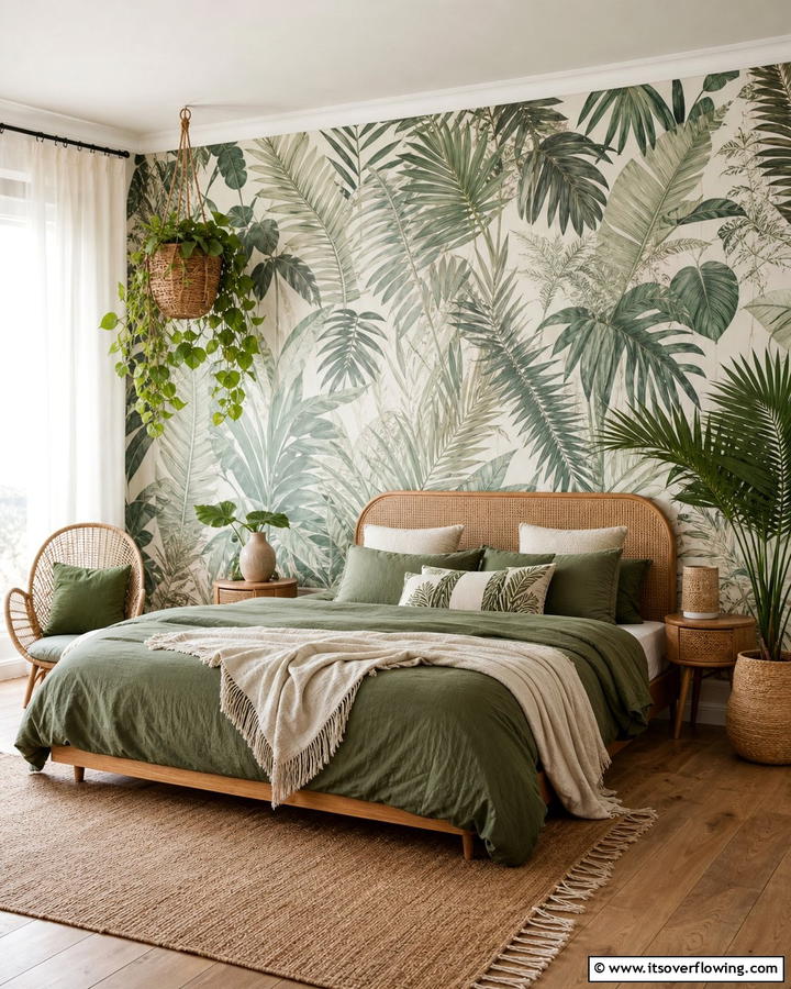 Botanical Wallpaper - 20 Green Boho Bedroom Ideas for a Relaxing Retreat