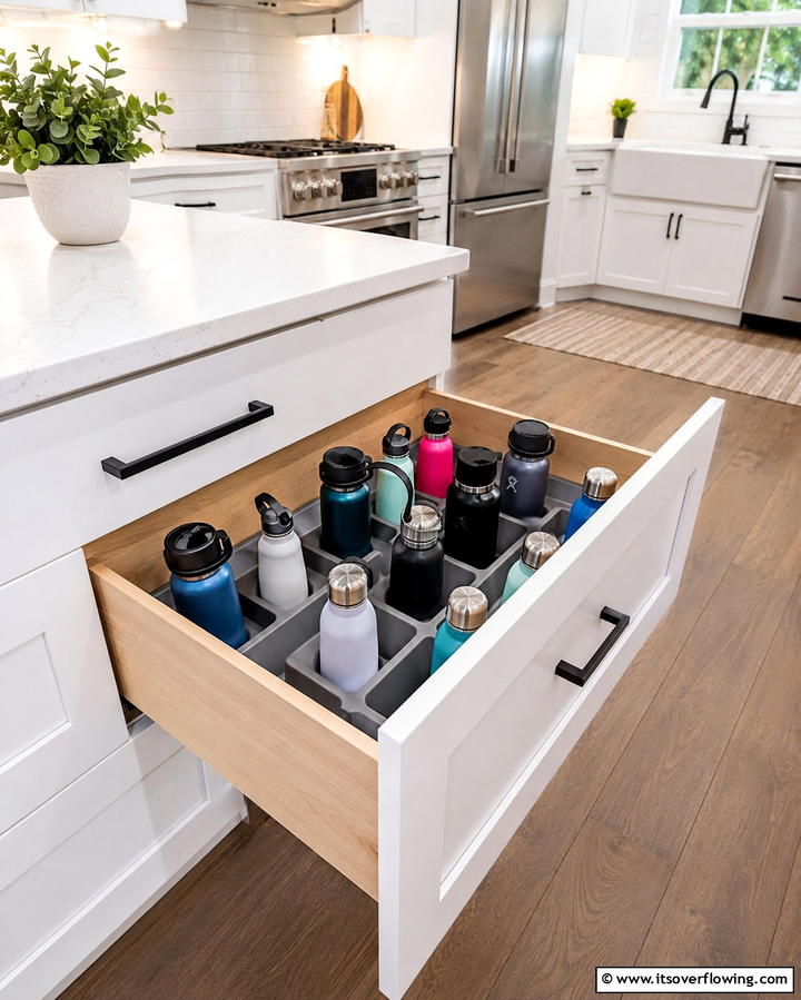 Bottle Specific Drawer Inserts - 20 Clever Water Bottle Storage Ideas for a Clutter-Free Home