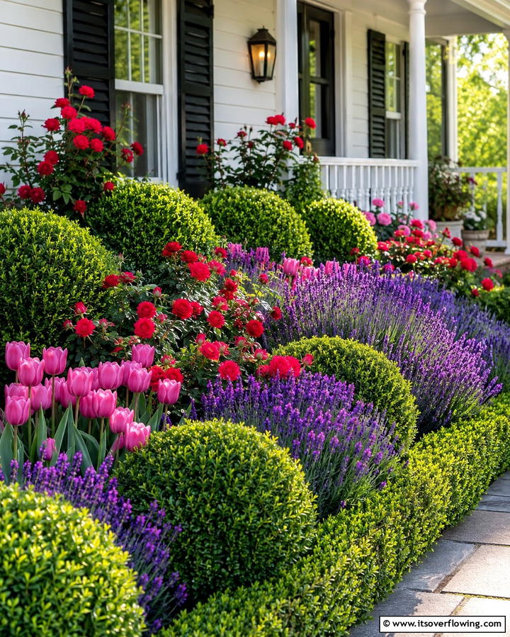Boxwood and Flower Pairings - 25 Elegant Front Yard Boxwood Design Ideas