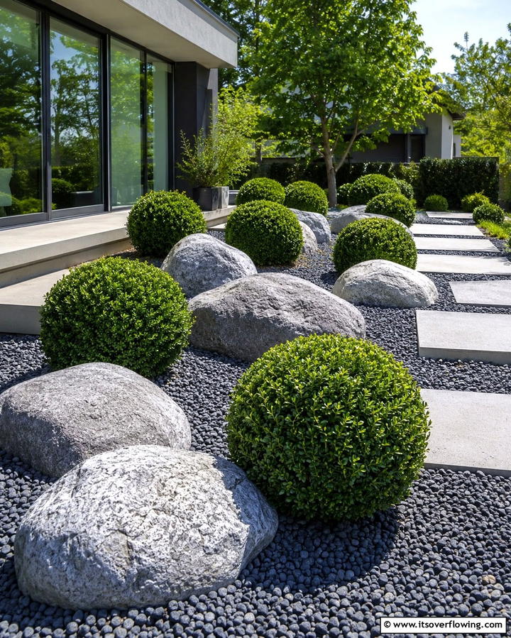 Boxwood and Rock Gardens - 25 Elegant Front Yard Boxwood Design Ideas