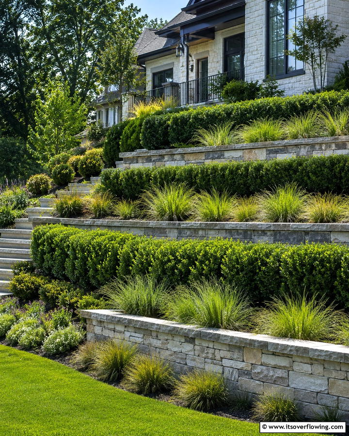 Boxwood in Tiered Landscaping - 25 Elegant Front Yard Boxwood Design Ideas