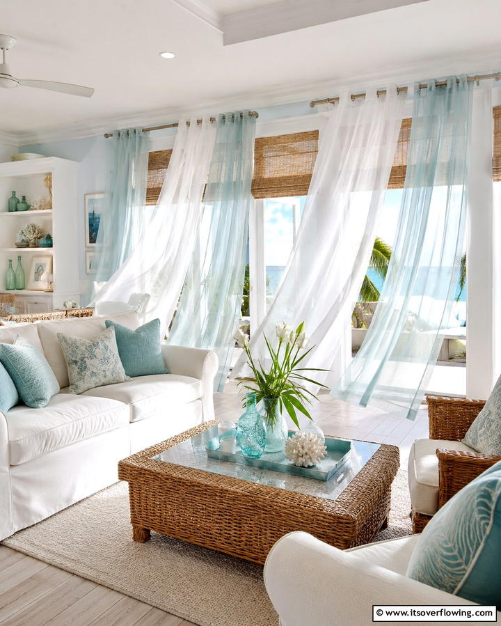 Breezy Sheer CurtainsExact - 25 Beach House Living Room Ideas for a Coastal Vibe