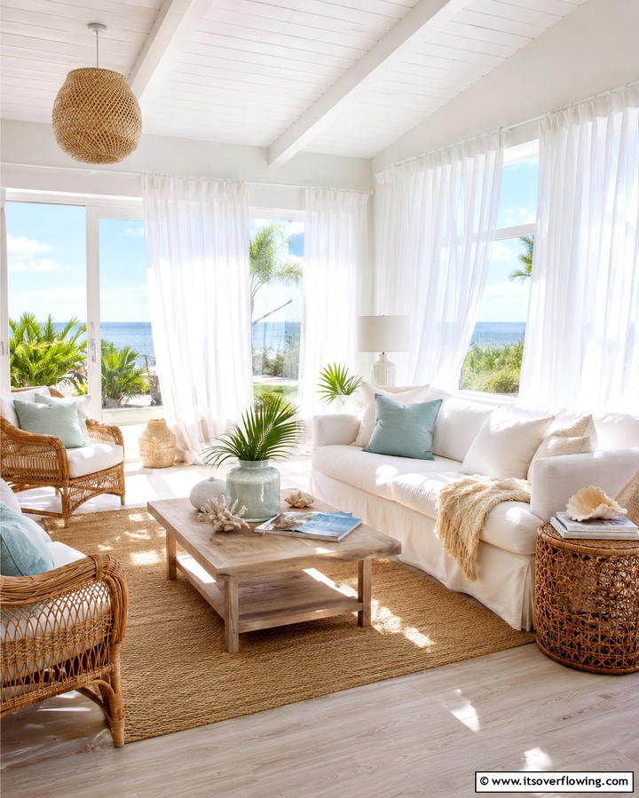 Breezy Sheer CurtainsOne - 25 Beach House Living Room Ideas for a Coastal Vibe
