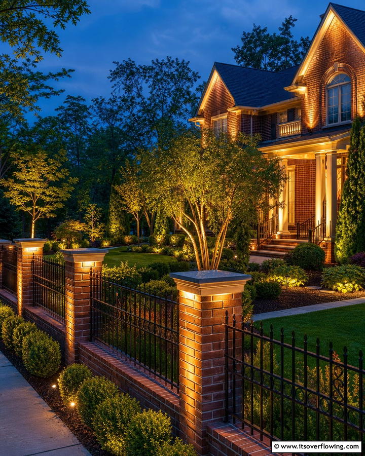 Brick Fence with Built In Lighting Fixtures - 20 Front Yard Brick Fence Ideas for a Classic Look