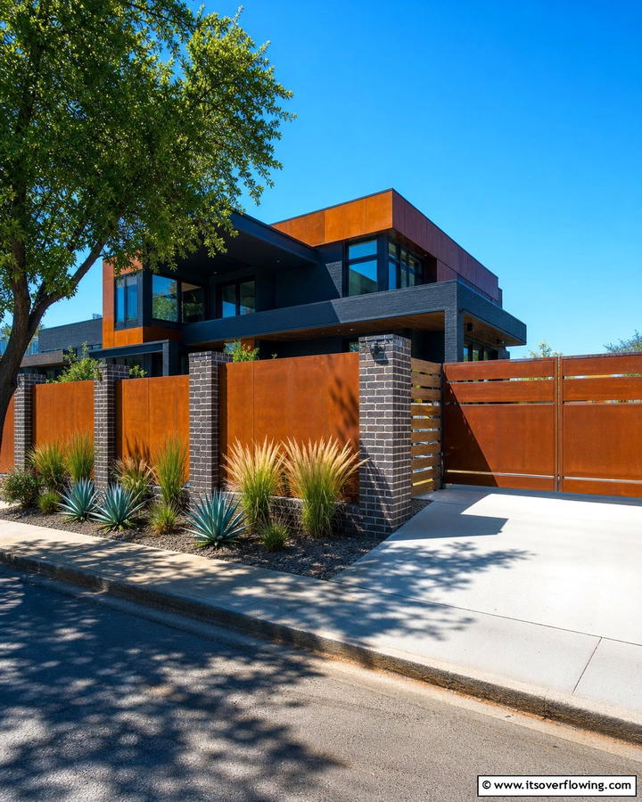 Brick Fence with Metal Panels - 20 Front Yard Brick Fence Ideas for a Classic Look