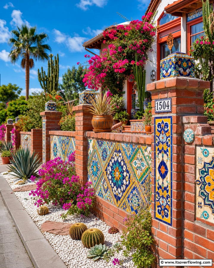 Brick Fence with Mosaic Inlays - 20 Front Yard Brick Fence Ideas for a Classic Look