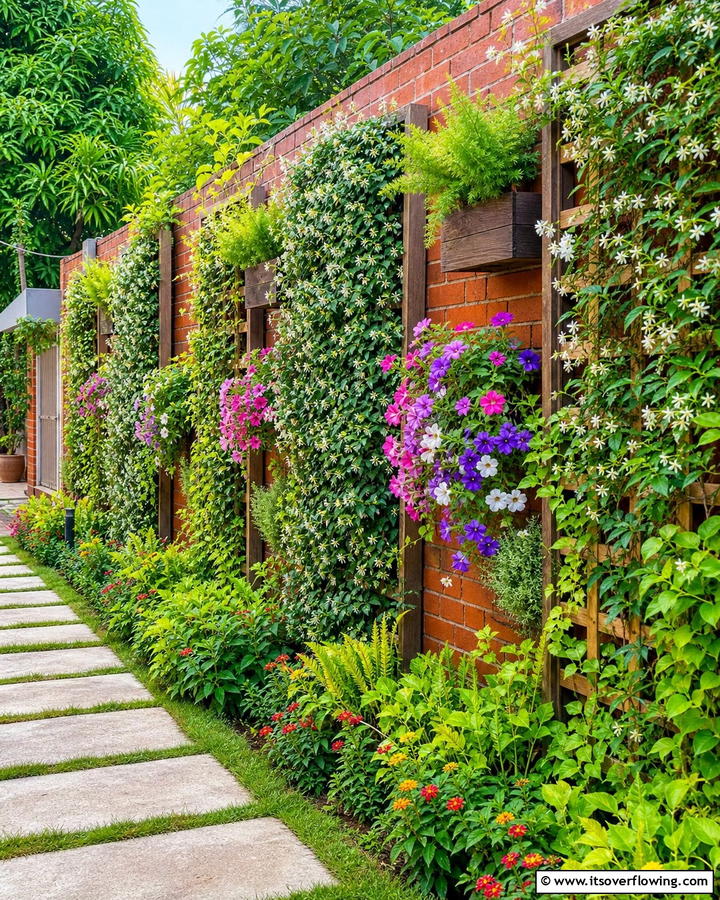 Brick Fence with Vertical Garden Features - 20 Front Yard Brick Fence Ideas for a Classic Look